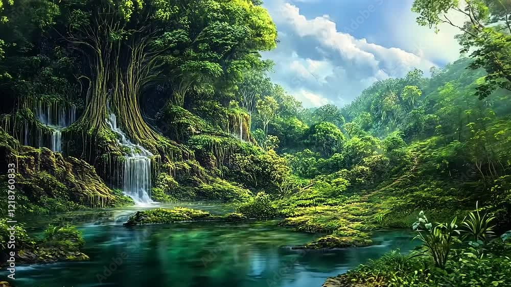 Enchanting Waterfall Cascading from Lush Canopy in a Verdant Forest Enchanting Waterfall Cascading from Lush Canopy in a Verdant Forest