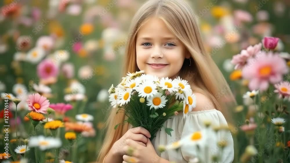 Beautiful girl with loose hair holds a bouquet of daisies in her hands. 3D 4K. Beautiful girl with loose hair holds a bouquet of daisies in her hands. 3D 4K.