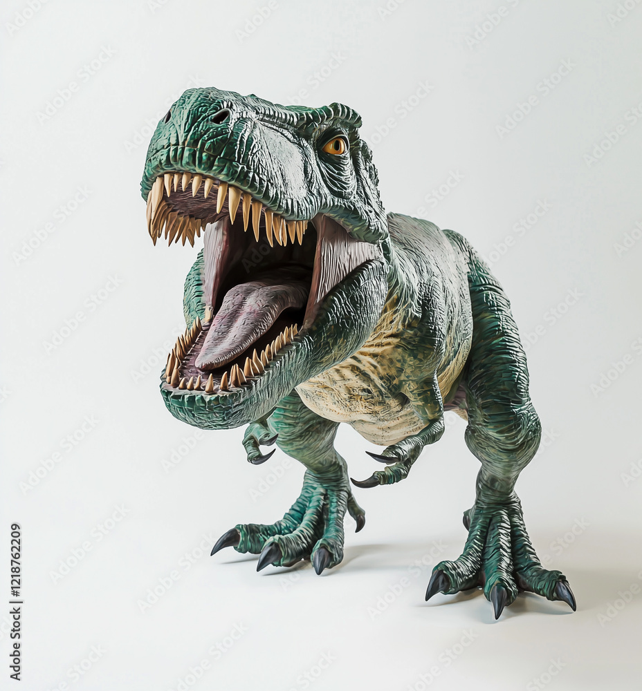 Fototapeta premium A fierce dinosaur sculpture with sharp teeth and vibrant colors, perfect for educational purposes or as a striking display piece.