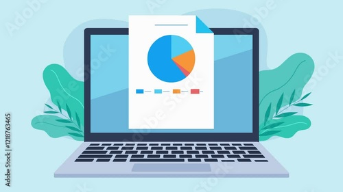 An email with a document appears on the laptop screen. A pie chart showing financial analysis animates on the document. The chart consists of 4 colors. Animation in flat style. Animation in flat desig