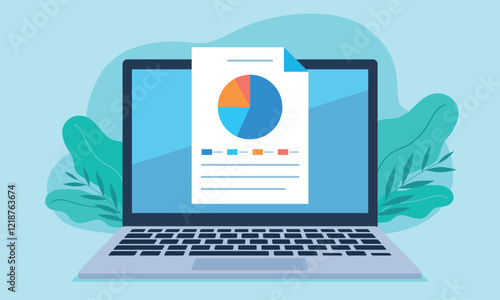 Document with pie chart data on laptop screen. Pie chart is divided into 4 colors: blue, light blue, orange, pink. Vector illustration in flat style.