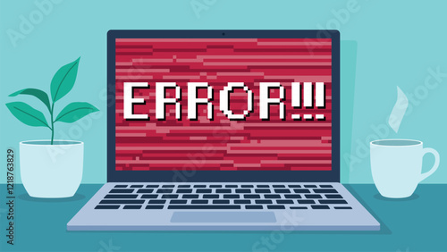 Laptop standing on a desk. Next to the laptop is a plant and a cup of coffee. On the laptop screen there is red noise and the inscription ERROR!. Broken laptop at work. Vector graphics in flat style.
