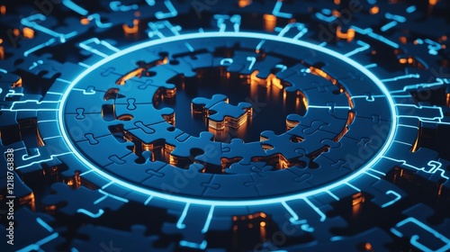 Circular puzzle glowing with light emanating from its center photo