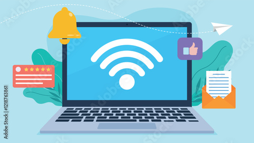 There is a wifi symbol on the laptop screen. Notifications from the application are displayed next to the laptop. Notification bell, email, thumbs up, customer rating with stars. Vector illustration i