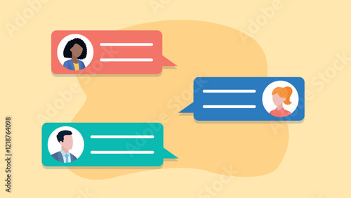 Three employees are talking on a messenger. Messages appear next to the avatars. Two women and one man. Business communication. Vector illustration in flat style.