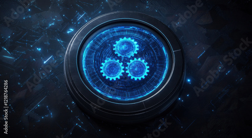Bright blue gears are displayed in a circular arrangement against a dark backdrop, symbolizing innovation and advanced technology. This design emphasizes creativity in digital art.