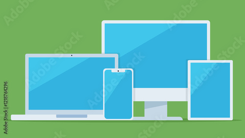 Illustration in a flat style. Mobile devices lined up one in front of the other, with a blue screen. Computer monitor, laptop, tablet, mobile phone. Devices template. Devices in white color. 