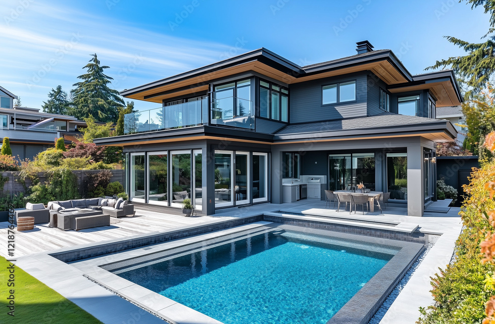Luxurious private villa with a swimming pool. Evening ambiance in a countryside residence. Exterior of an elegant mansion featuring a pool. Luxurious private villa with a swimming pool. Evening ambiance in a countryside residence. Exterior of an elegant mansion featuring a pool.