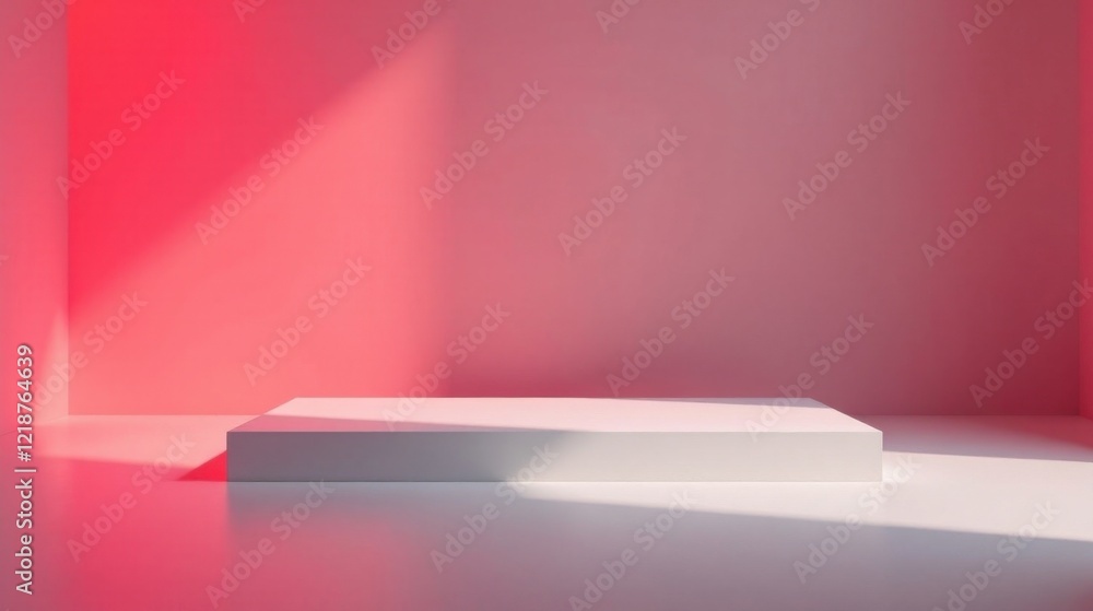 A Minimalist White Platform in a Soft Pink Room Illuminated by Sunlight Casting Dramatic Shadows A Minimalist White Platform in a Soft Pink Room Illuminated by Sunlight Casting Dramatic Shadows