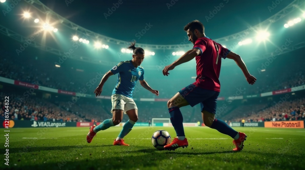 Naklejka premium Dramatic Night Football Match Two Players Vie for the Ball Under Stadium Lights
