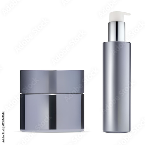Cosmetic cream jar, airless foundation bottle mockup. Mini pump dispenser, plastic packaging for serum essence with silver top. Face care moisturizer product, face base makeup bottle