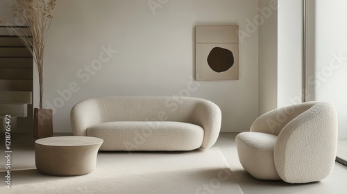 A Cozy Minimalist Living Room With Off-White Boucle Furniture, A Stone Coffee Table, And Dried Flowers. The Calm Atmosphere Promotes Relaxation.