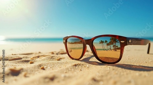 Sunglasses on The Beach With Lens Reflecting Beach Landscape.