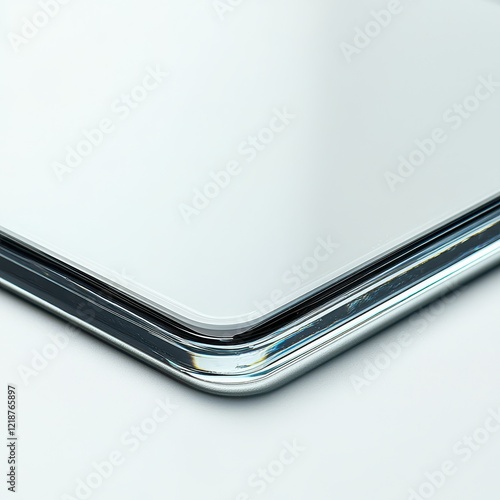 Minimalist close-up of sleek silver smartphone edges on white background
