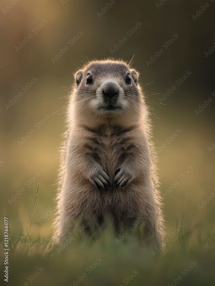 Fototapeta premium A photo of an adorable groundhog standing upright, with its head tilted and looking at the camera. The background is blurred grass to emphasize it as the focal point.
