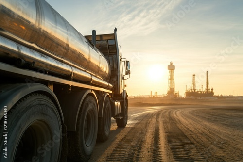Tank truck delivering fuel to refinery at sunset
