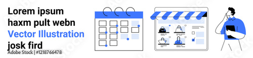 Man holding tablet stands beside a calendar and digital storefront interface. Ideal for project management, e-commerce, scheduling, online business planning, marketing strategies, productivity tools