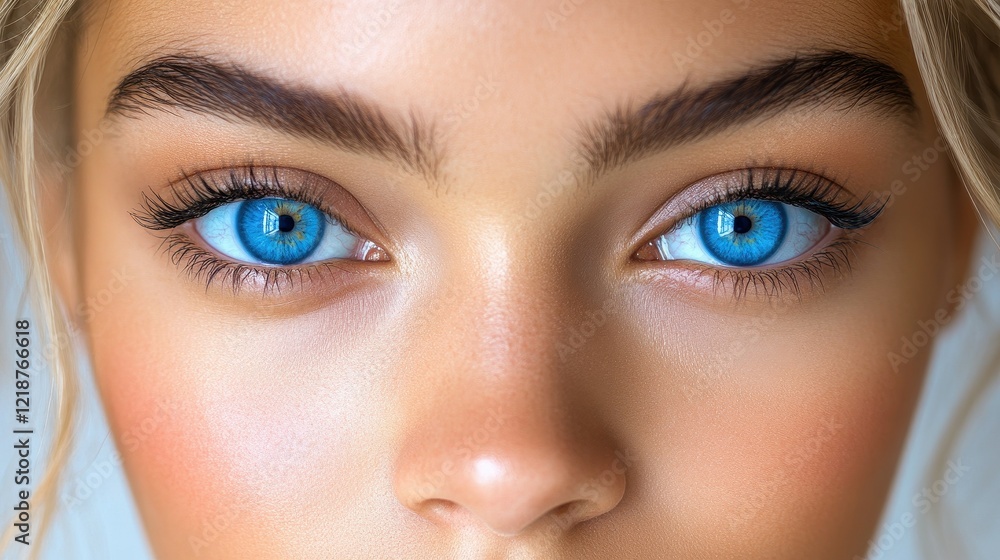 Bright blue eyes and soft features create a captivating look. Natural makeup enhances the beauty, highlighting the youthful glow. The intensity of the gaze draws attention Bright blue eyes and soft features create a captivating look. Natural makeup enhances the beauty, highlighting the youthful glow. The intensity of the gaze draws attention