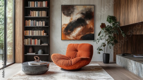 Bold terra cotta chair, minimalist bookshelf, and abstract wall decor in modern living room photo