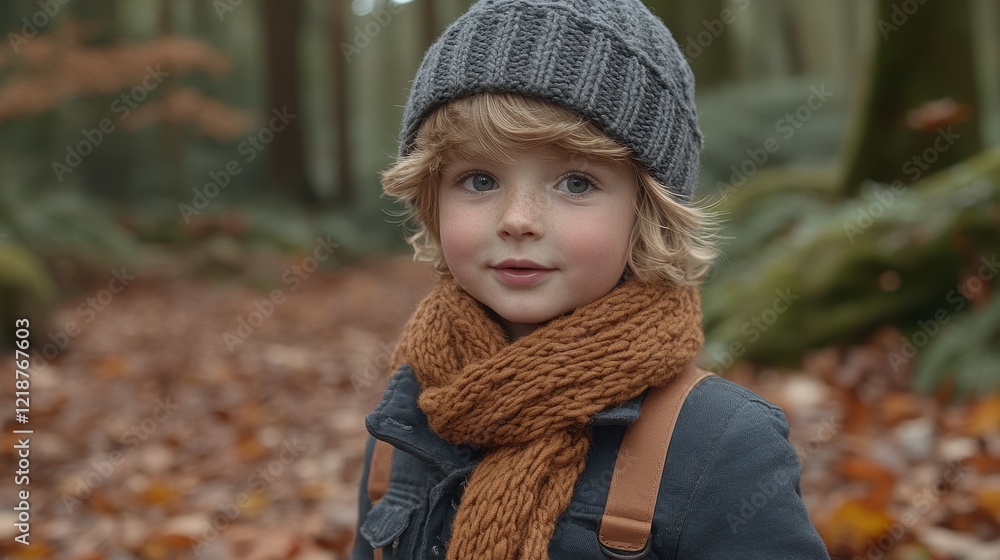 A young child stands in a forest surrounded by fallen autumn leaves. Wearing a knitted hat and scarf, the child gazes curiously into the distance, capturing a moment of wonder and tranquility A young child stands in a forest surrounded by fallen autumn leaves. Wearing a knitted hat and scarf, the child gazes curiously into the distance, capturing a moment of wonder and tranquility