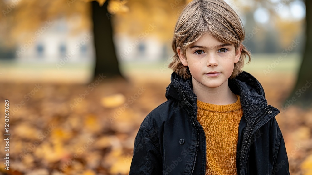 A young boy stands in a park during autumn, dressed in a warm sweater and jacket, with yellow and orange leaves covering the ground and trees in the background A young boy stands in a park during autumn, dressed in a warm sweater and jacket, with yellow and orange leaves covering the ground and trees in the background