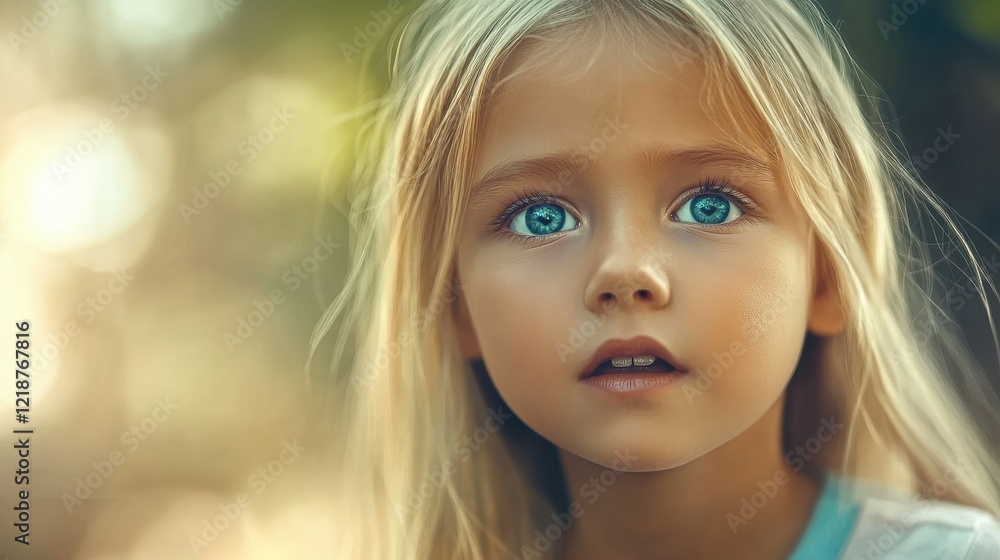 A child with long blonde hair and striking blue eyes looks up with a sense of curiosity and awe. The sunlight filters through trees, creating a warm, ethereal atmosphere A child with long blonde hair and striking blue eyes looks up with a sense of curiosity and awe. The sunlight filters through trees, creating a warm, ethereal atmosphere