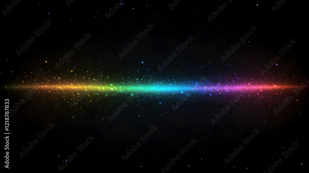 Obraz premium Horizontal iridescent line shimmer transitions through colors on a dark, starry background, resembling a cosmic spectrum