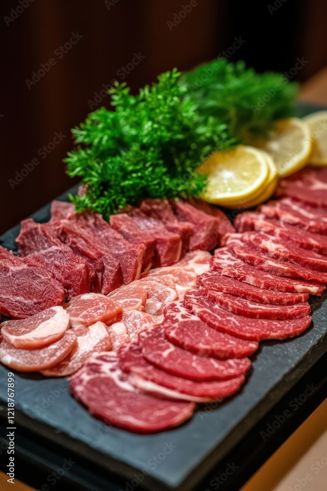 Freshly Sliced Meats with Green Herbs and Lemon on Slate Platter Freshly Sliced Meats with Green Herbs and Lemon on Slate Platter