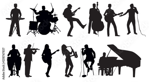 silhouette of musician set. Band member musician silhouette collection set. 