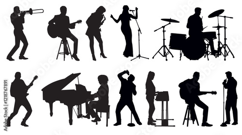 silhouette of musician set. Band member musician silhouette collection set. 