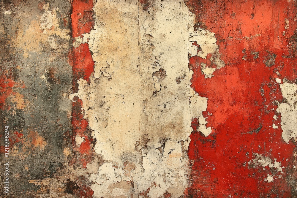 Fototapeta premium Weathered wall with peeling paint in shades of red and cream reveals history of neglect and time