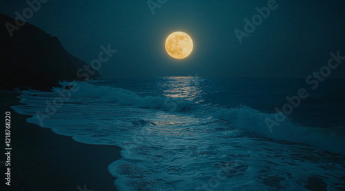 A dark blue beach with waves, a beautiful, calm, and deep blue sea, sand on the shore, illuminated by moonlight, high resolution, hyper-realistic, super-detailed, professional phot