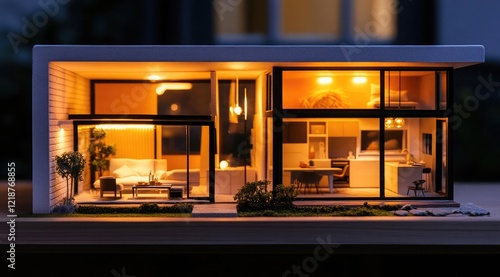 A miniature modern house model with a living room, bedroom, and kitchen inside. The interior of the dollhouse is illuminated  photo