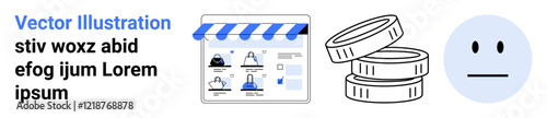 Storefront with various products displayed on a screen, stack of coins representing currency, and neutral face emotion conveying expression. Ideal for e-commerce, finance, digital transactions