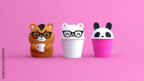 Adorable Animal Characters in Cups A Kawaii 3D Render photo