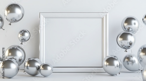 A stylish 3D frame mockup with metallic balloons surrounding it, ideal for displaying promotional artwork, with a simple yet joyous look. photo