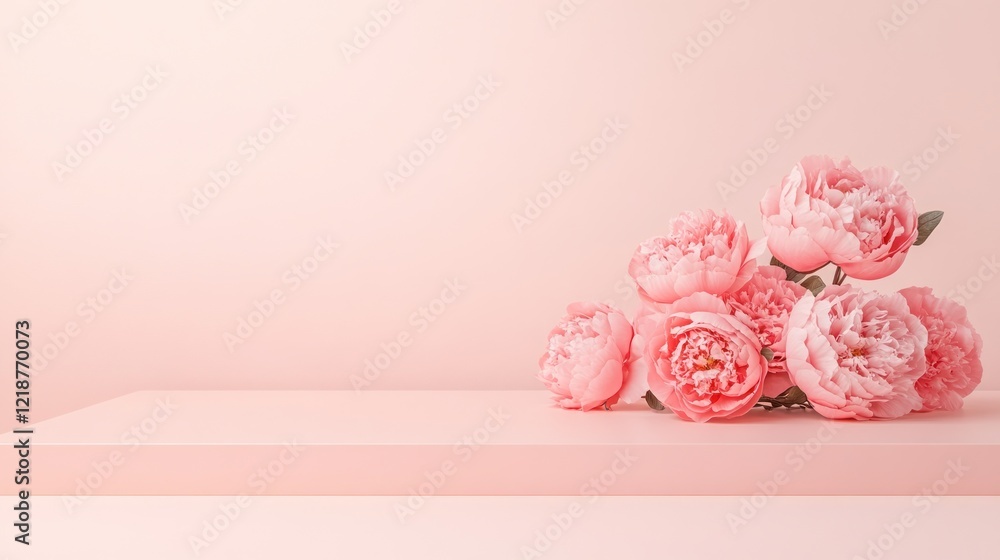 Pink peonies on a pastel pink platform. Pink peonies on a pastel pink platform.