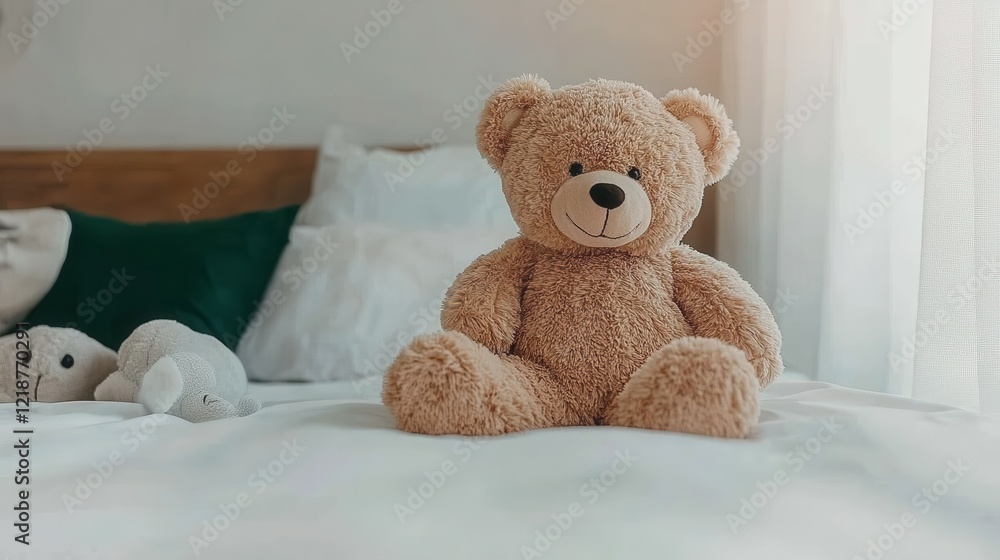 A soft teddy bear with a friendly smile is seated on a bed, surrounded by plush friends. Gentle sunlight filters through the window, creating a warm atmosphere A soft teddy bear with a friendly smile is seated on a bed, surrounded by plush friends. Gentle sunlight filters through the window, creating a warm atmosphere
