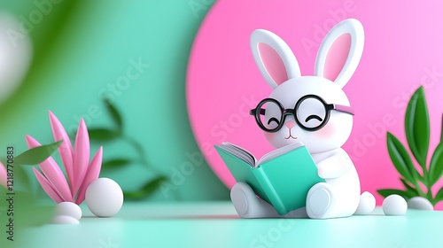 Adorable Cartoon Bunny Reading a Book in a Pastel Spring Setting photo