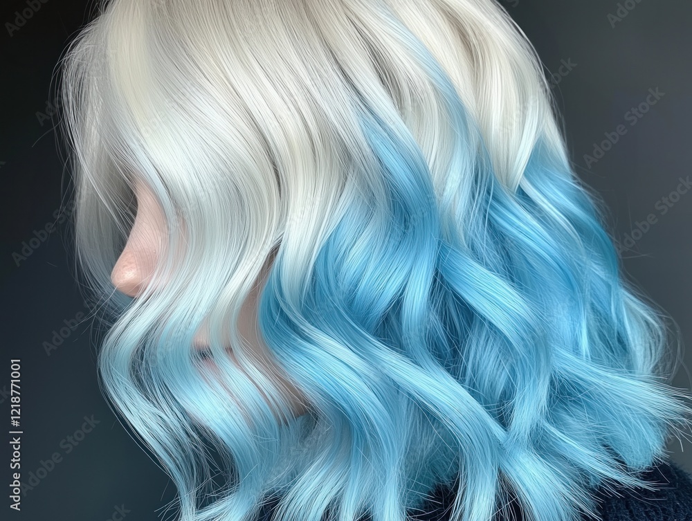 Naklejka premium Platinum blonde hair transforming into vibrant blue ombre hairstyle