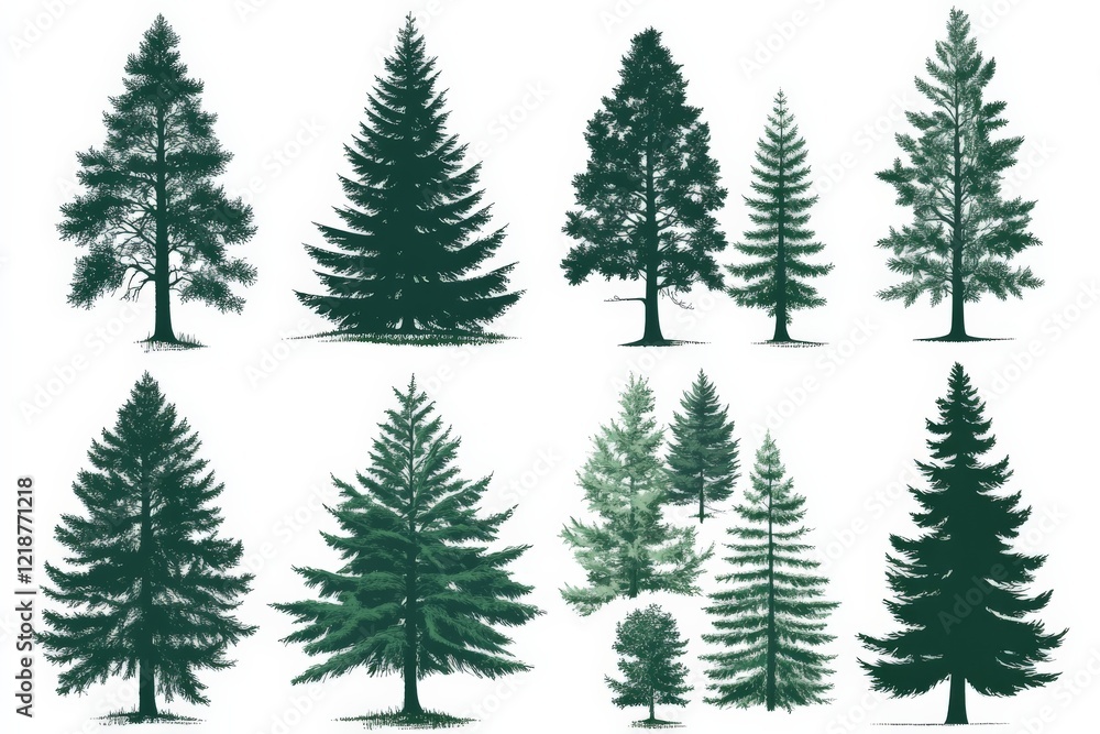 Collection of evergreen tree illustrations showcasing different species in a variety of shapes and sizes Collection of evergreen tree illustrations showcasing different species in a variety of shapes and sizes