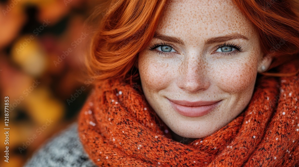 A woman with striking red hair and freckles smiles warmly, wrapped in a cozy orange scarf, surrounded by vibrant autumn foliage. The atmosphere exudes comfort and seasonal charm A woman with striking red hair and freckles smiles warmly, wrapped in a cozy orange scarf, surrounded by vibrant autumn foliage. The atmosphere exudes comfort and seasonal charm