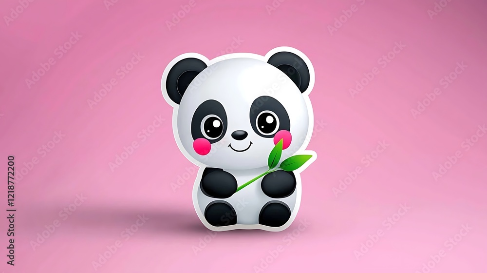 Naklejka premium Adorable Cartoon Panda Holding Bamboo Shoot On Pink Background