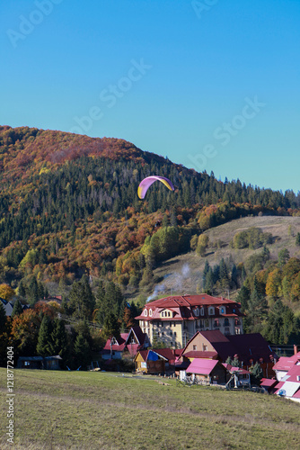 paragliding  view of the village of the  Carpathians mountains