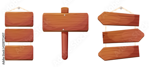 Wood plank hanging signboard frame wooden texture game signpost, farm garden or jungle pointing panel. Set menu ui design. Outdoor empty textured arrow