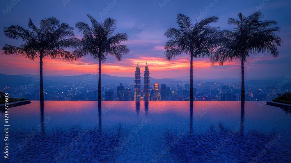 Obraz premium Sunrise city reflection in infinity pool, palm trees