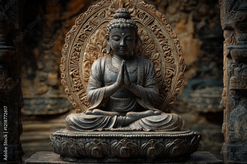 Fototapeta premium Serene Buddha statue in a tranquil garden setting during late afternoon light