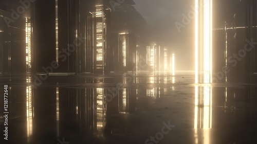 Wallpaper Mural Golden Light Illuminates Futuristic Hallway Columns Torontodigital.ca