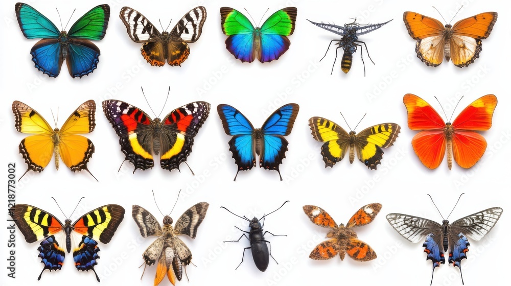 A vibrant collection of various butterfly species displayed in an organized arrangement, showcasing colors and patterns A vibrant collection of various butterfly species displayed in an organized arrangement, showcasing colors and patterns