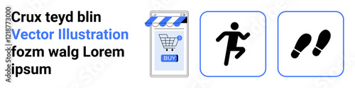 Mobile shopping cart app with store front screen, buy button, and runner icon. Ideal for eCommerce, mobile apps, health, fitness, marketing, UIUX design, product pages, fitness tracking. Landing page
